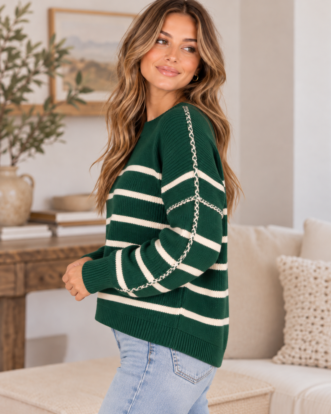 Zenana Forest & White Striped Exposed-Seam Sweater-