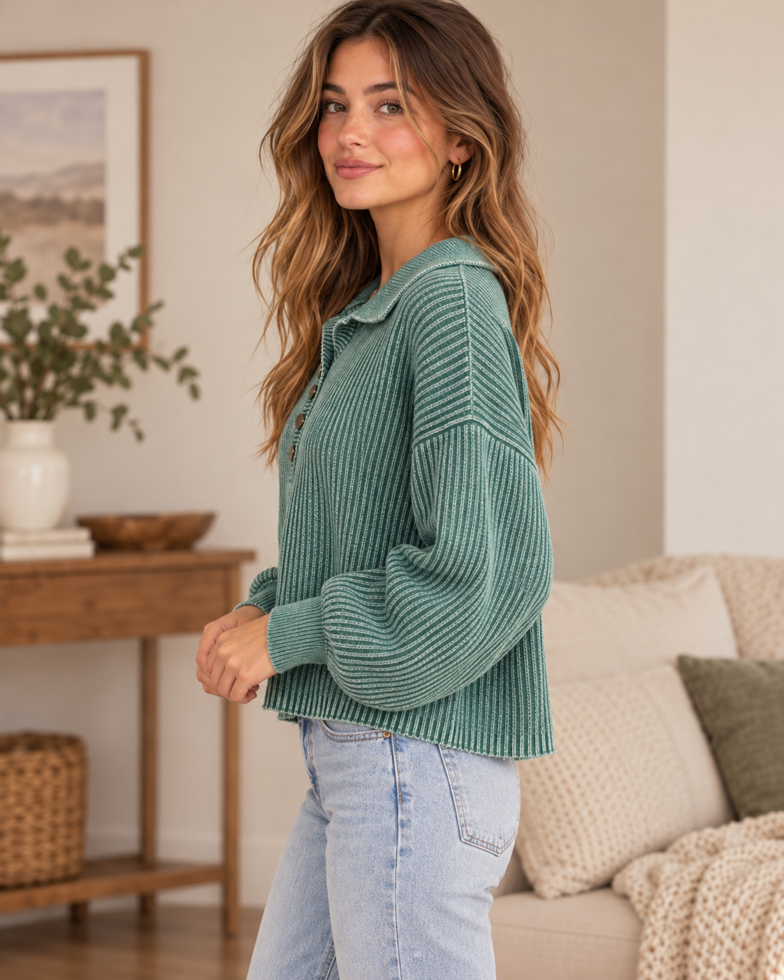 Zenana Washed Teal Ribbed Collared Sweater