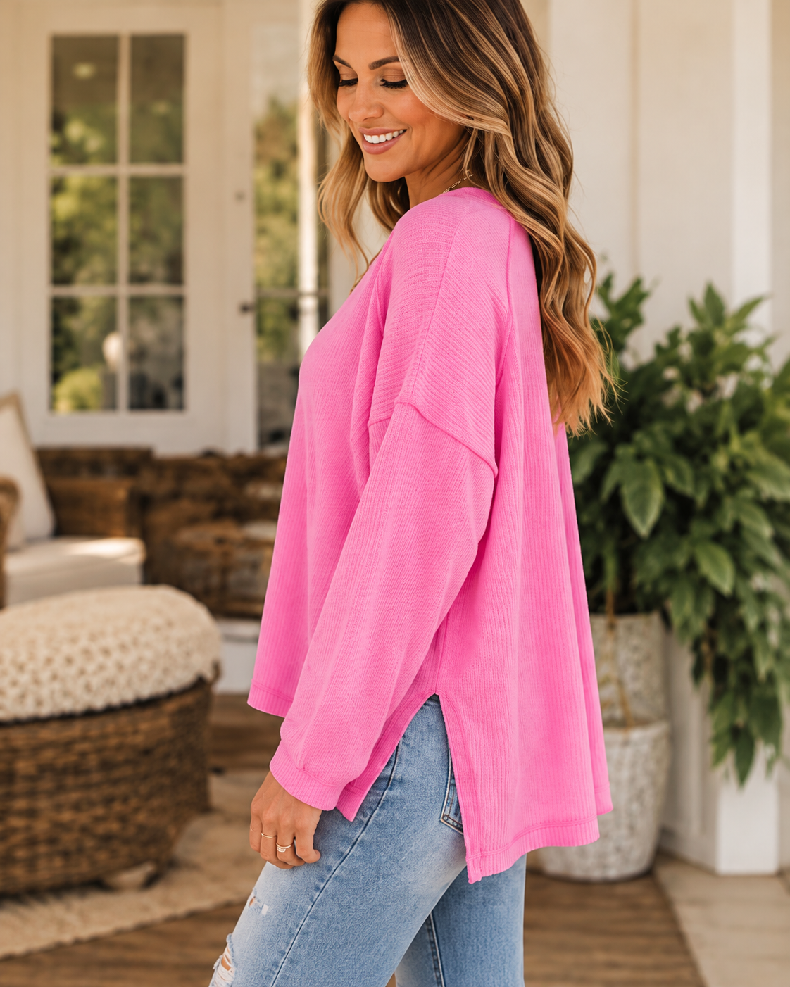 Zenana-Ribbed Oversized Sweater-Candy Pink