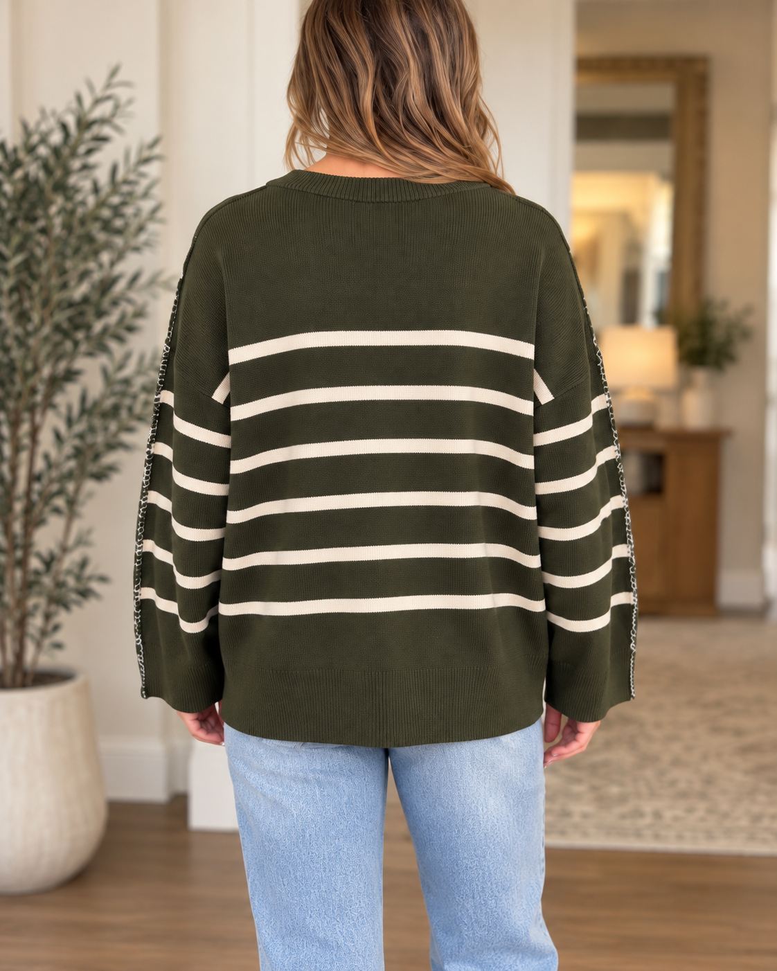 Zenana Dark Olive & White Striped Exposed-Seam Sweater-