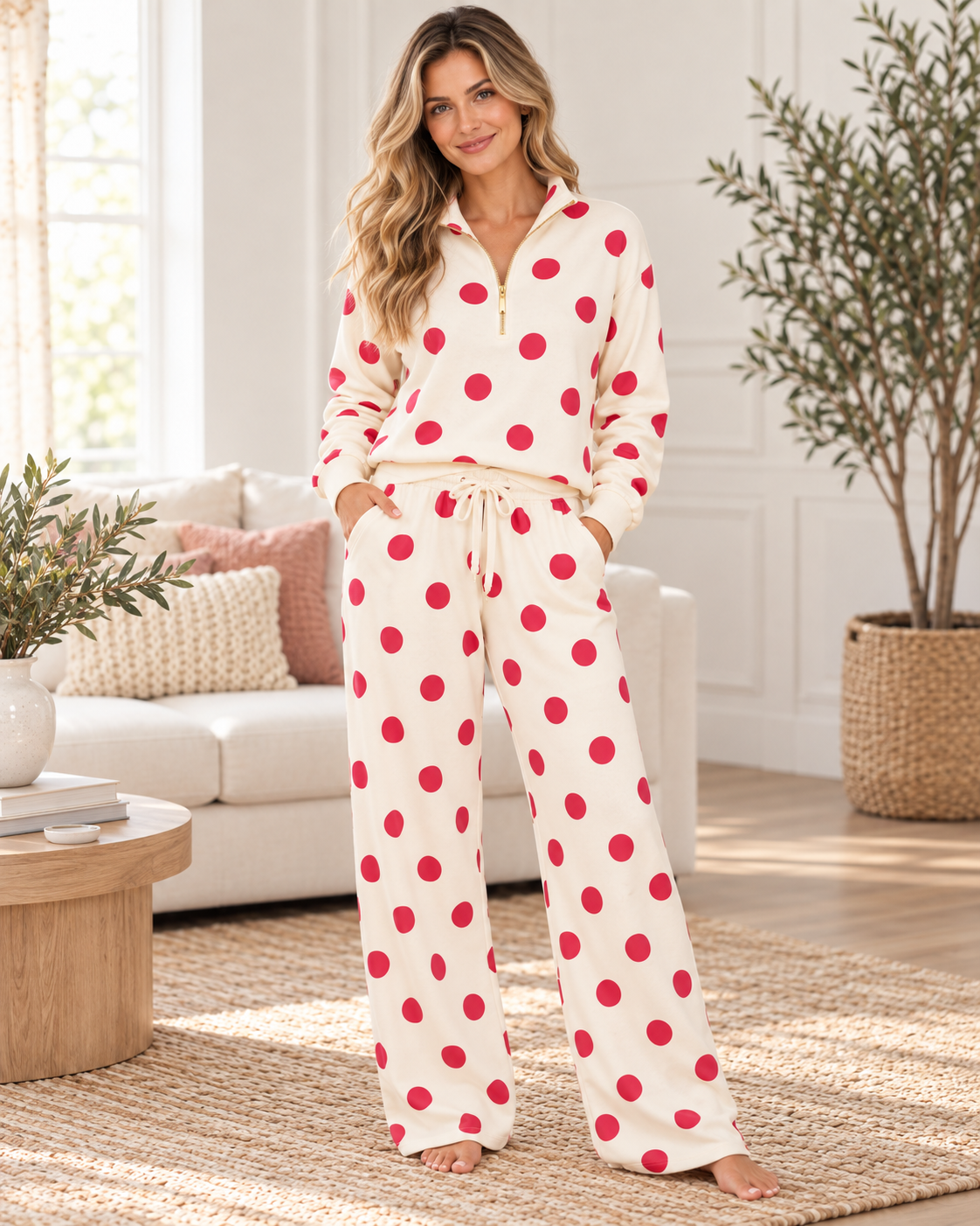 Zenana Cream & Ruby Polka Dot Half-Zip Lounge Set