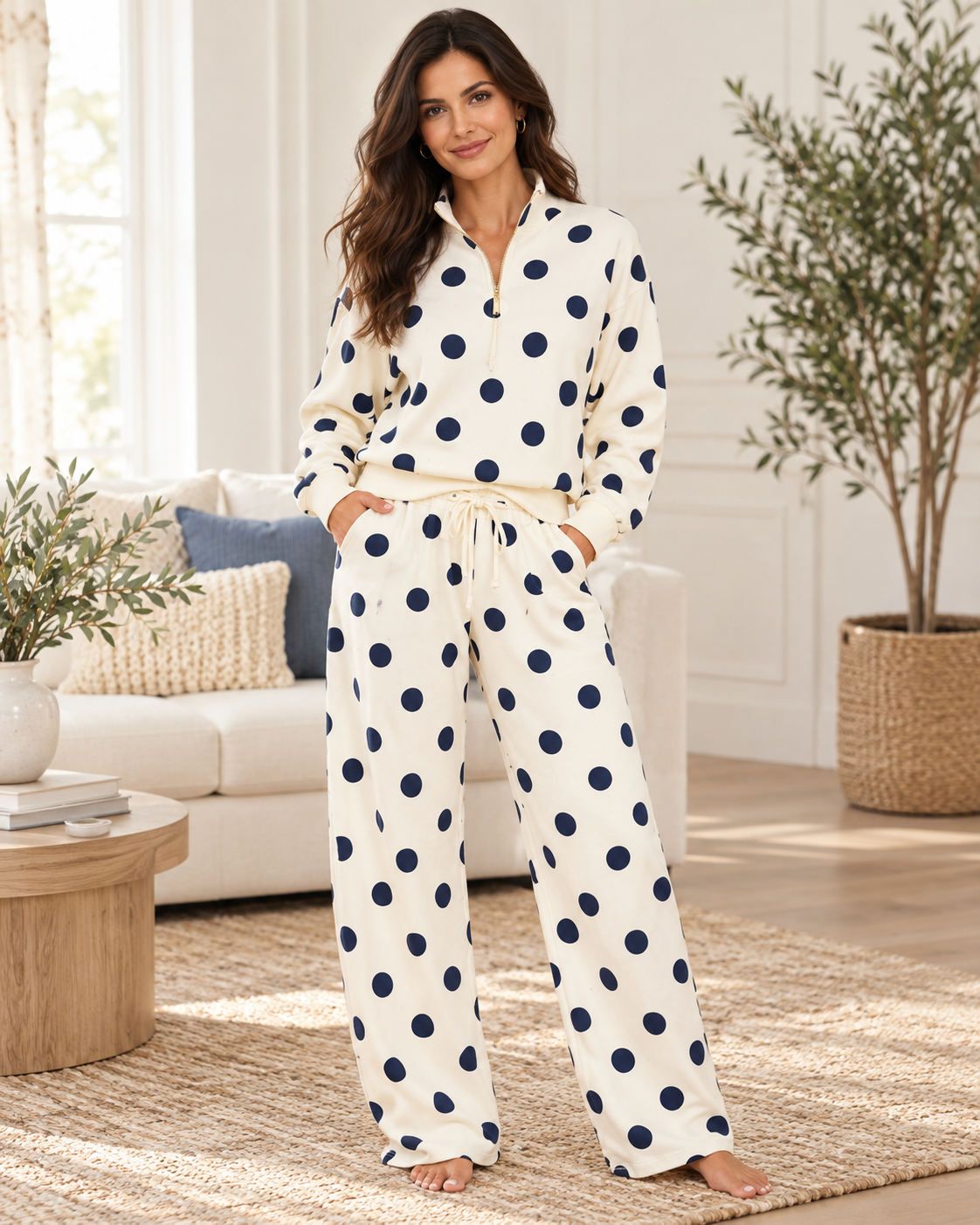 Zenana Cream & Navy Polka Dot Half-Zip Lounge Set