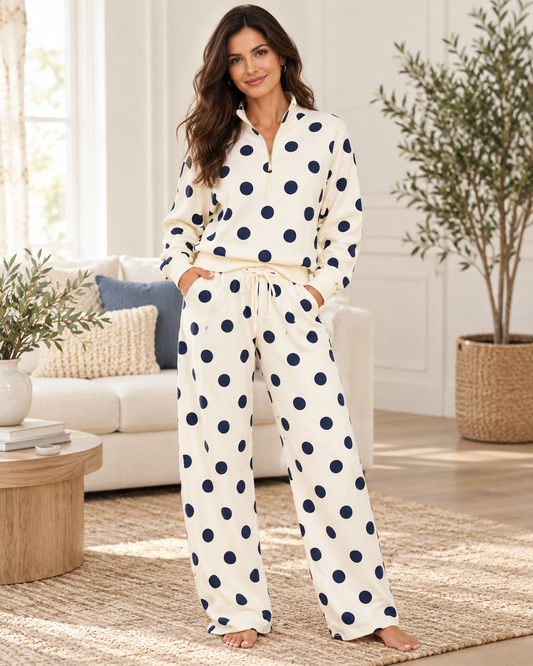 Zenana Cream & Navy Polka Dot Half-Zip Lounge Set