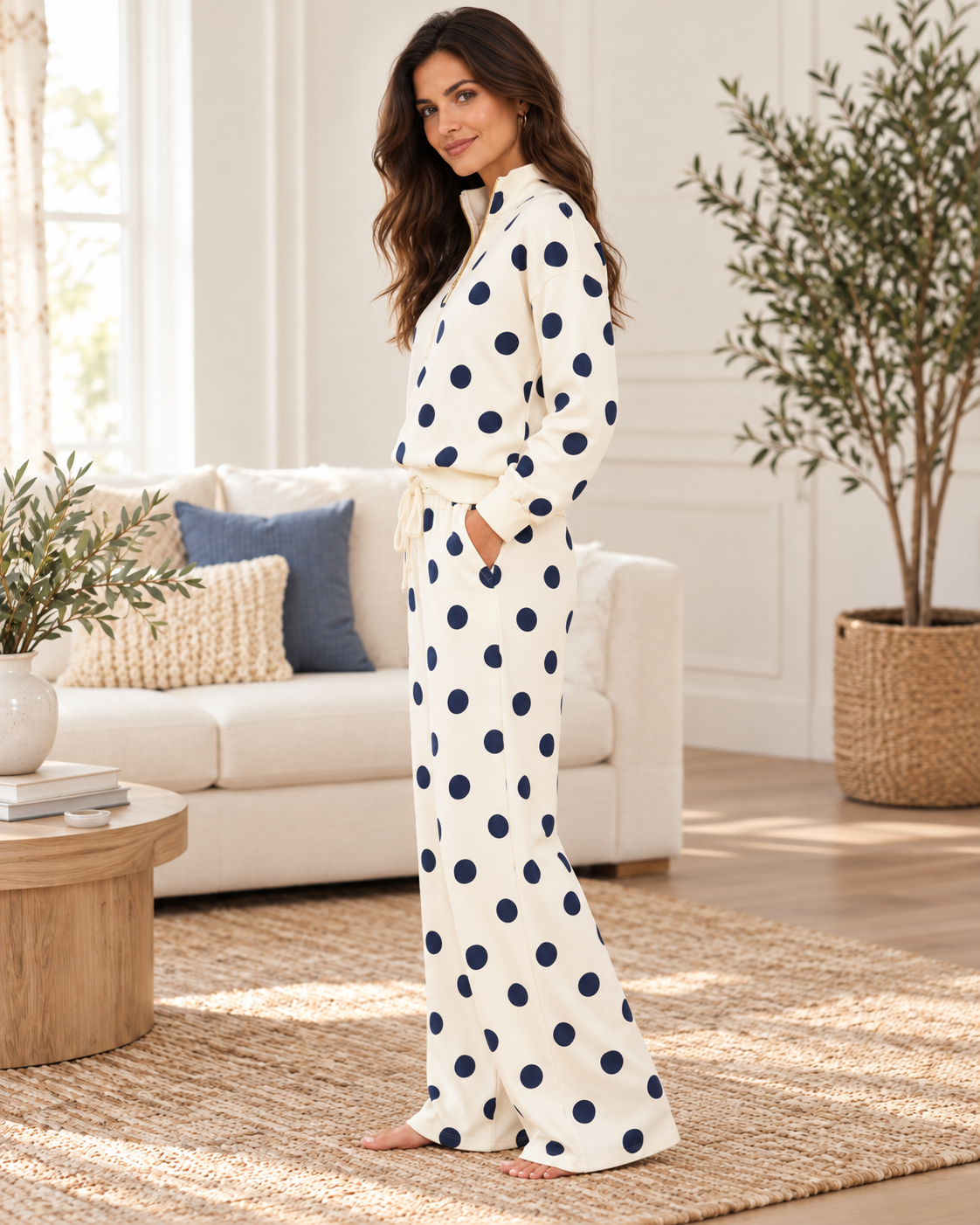 Zenana Cream & Navy Polka Dot Half-Zip Lounge Set