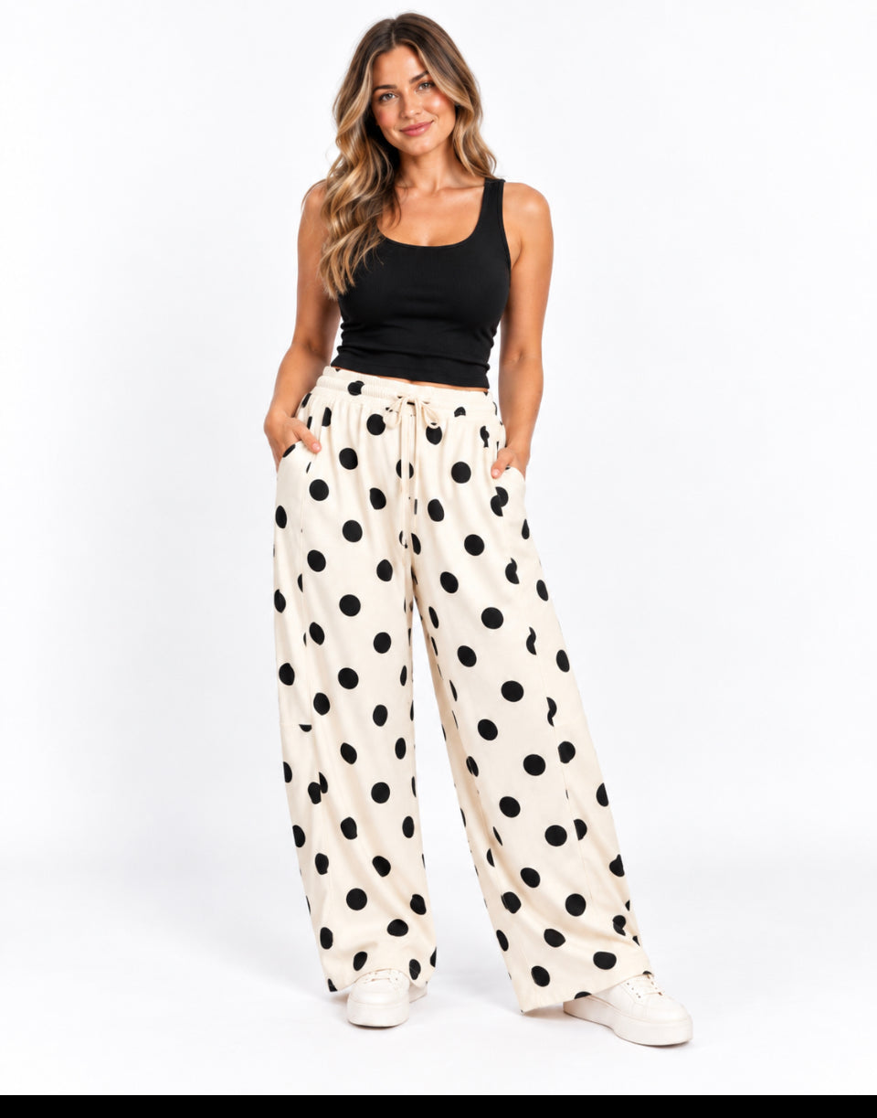 Zenana Polka Dot Barrel Leg Pants-Black & Cream