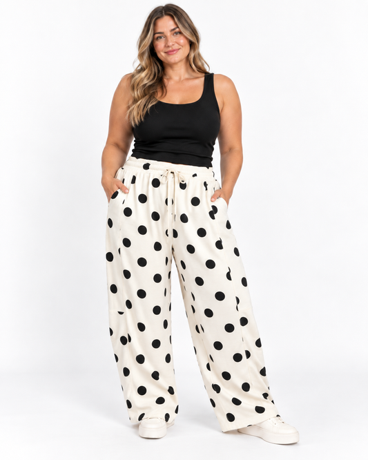 Zenana Polka Dot Barrel Leg Pants-Black & Cream