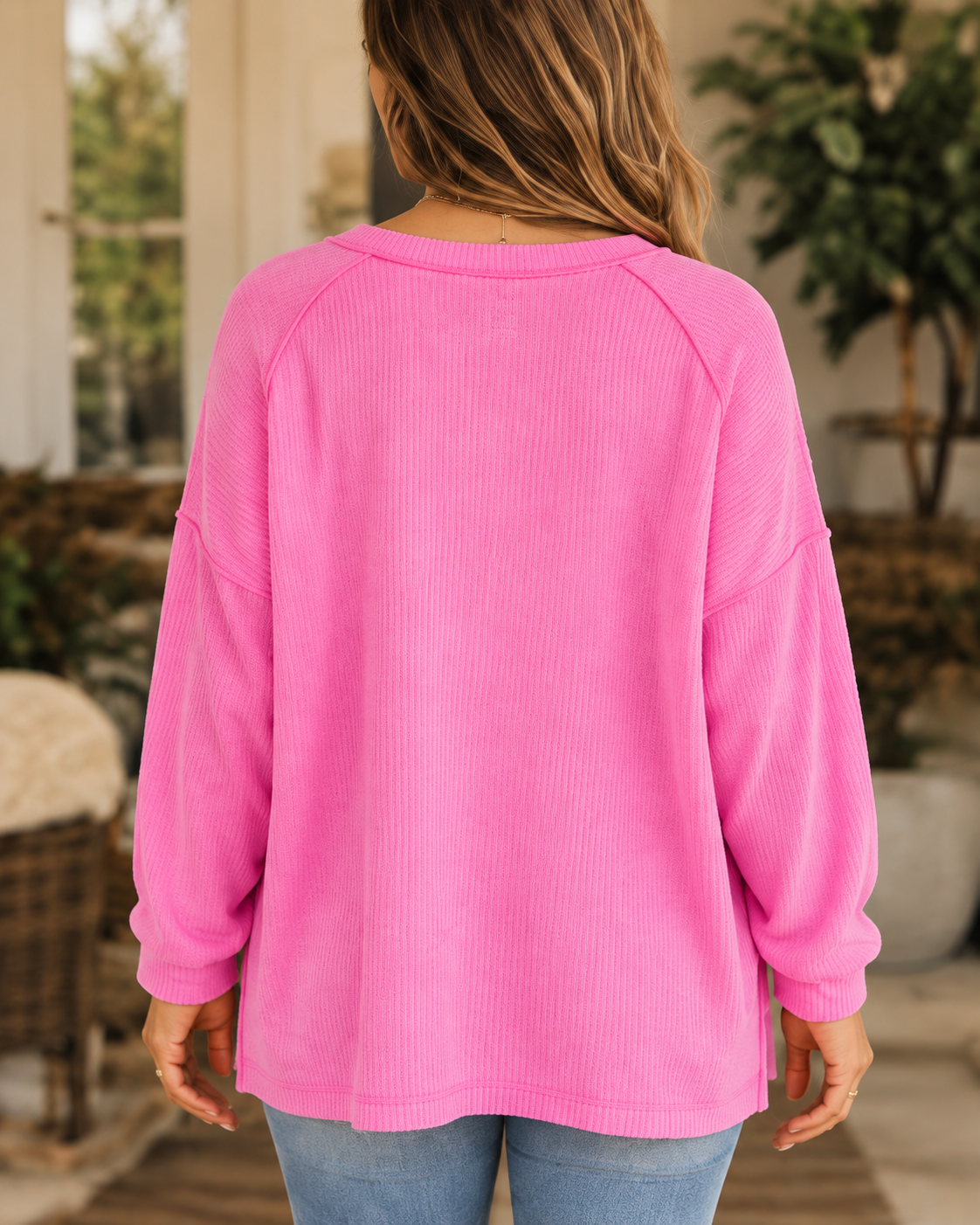 Zenana-Ribbed Oversized Sweater-Candy Pink
