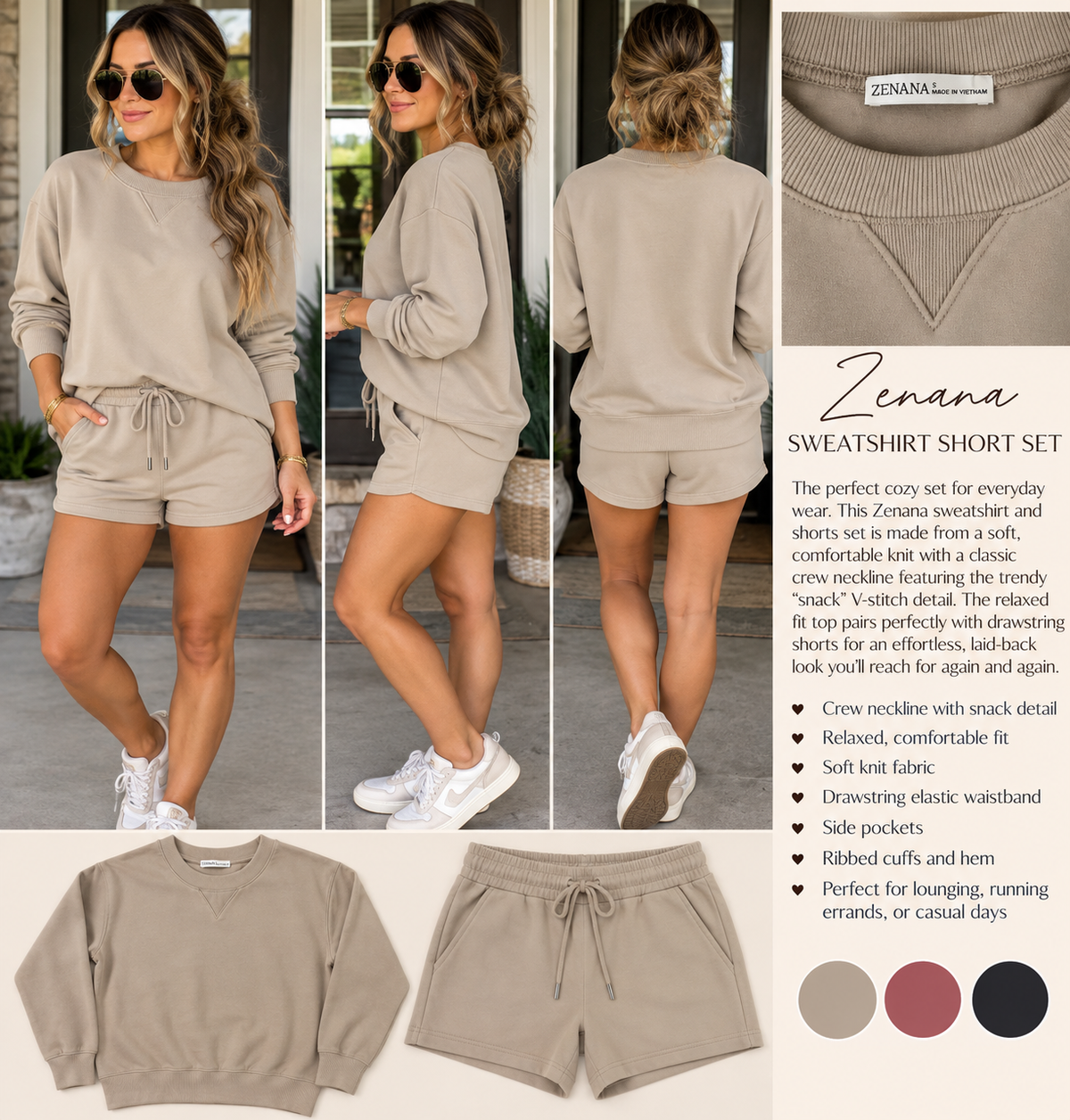 Zenana Everyday Cozy Sweatshirt & Shorts set in Ash Mocha